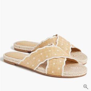 J. Crew Tan and White Scalloped Espadrille Slides